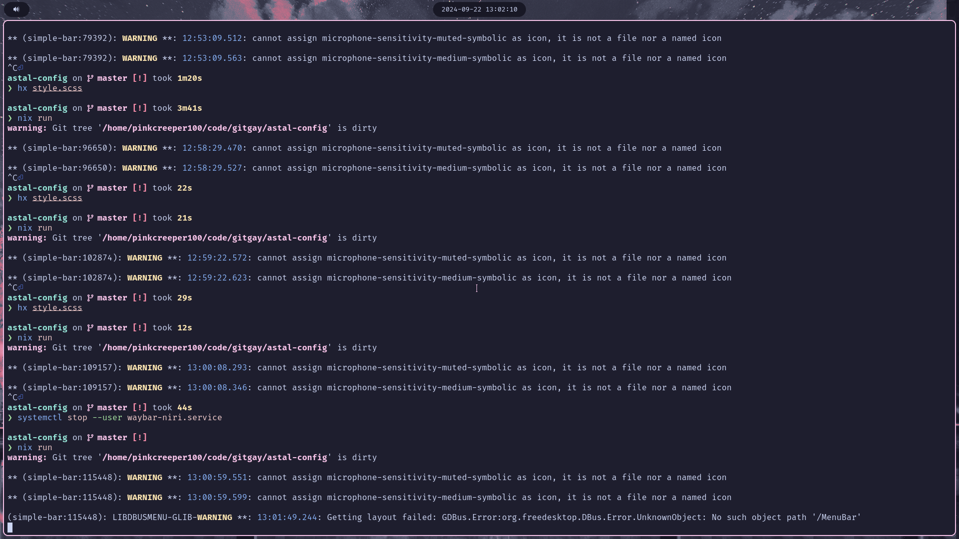 screenshot of my desktop

foot window in a directory called astal dash config

i have a basic status bar with a clock in the center and a volume icon on the left