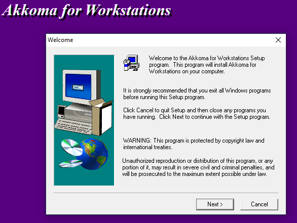 screen of the actual akkoma for workstations installer, with the purple background and characteristic serif font at top left corner

there's also a standard installation welcome window