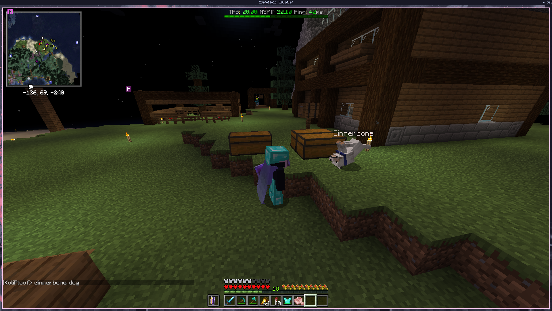a tamed wolf at sylventic's base nametagged dinnerbone