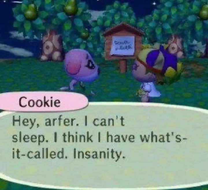 A screenshot of Animal Crossing in which a character says "Hey arfer. I can't sleep. I think I have whats-it-called. Insanity."
