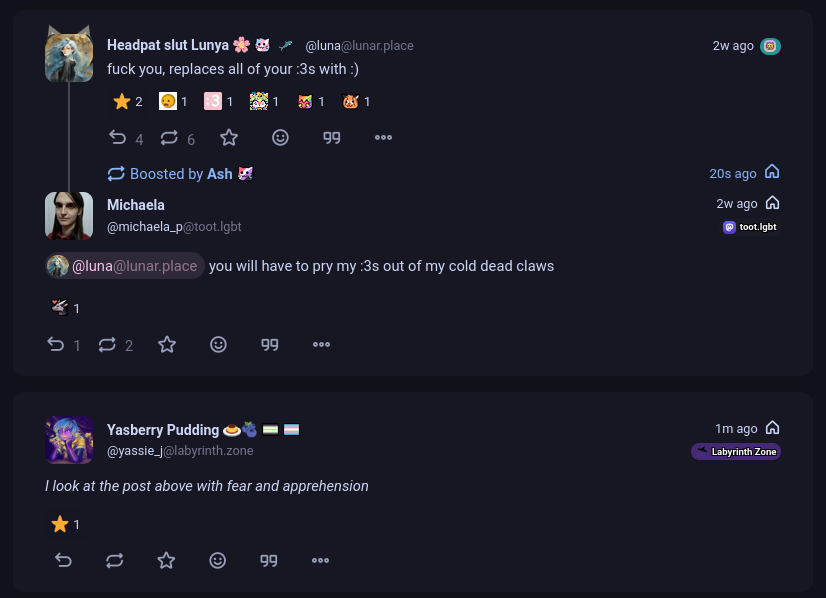 original post
@luna@lunar.place

fuck you, replaces all of your colon-threes with analog smiley

a reply by @michaela_p@toot.lgbt boosted by Ash

@luna@lunar.place you will have to pry my colon-threes out of my cold dead claws