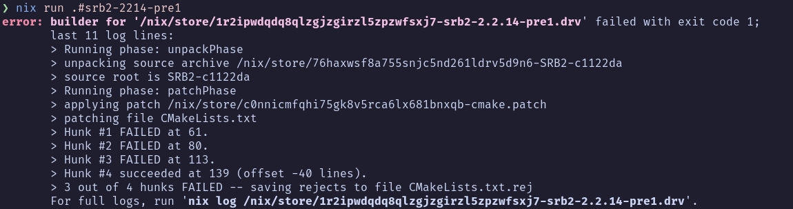 i'm trying to build sonic robo blast 2 2.2.14 pre 1

but the patches made for nixpkgs on the cmakelists don't work so i'll have to make my own patches