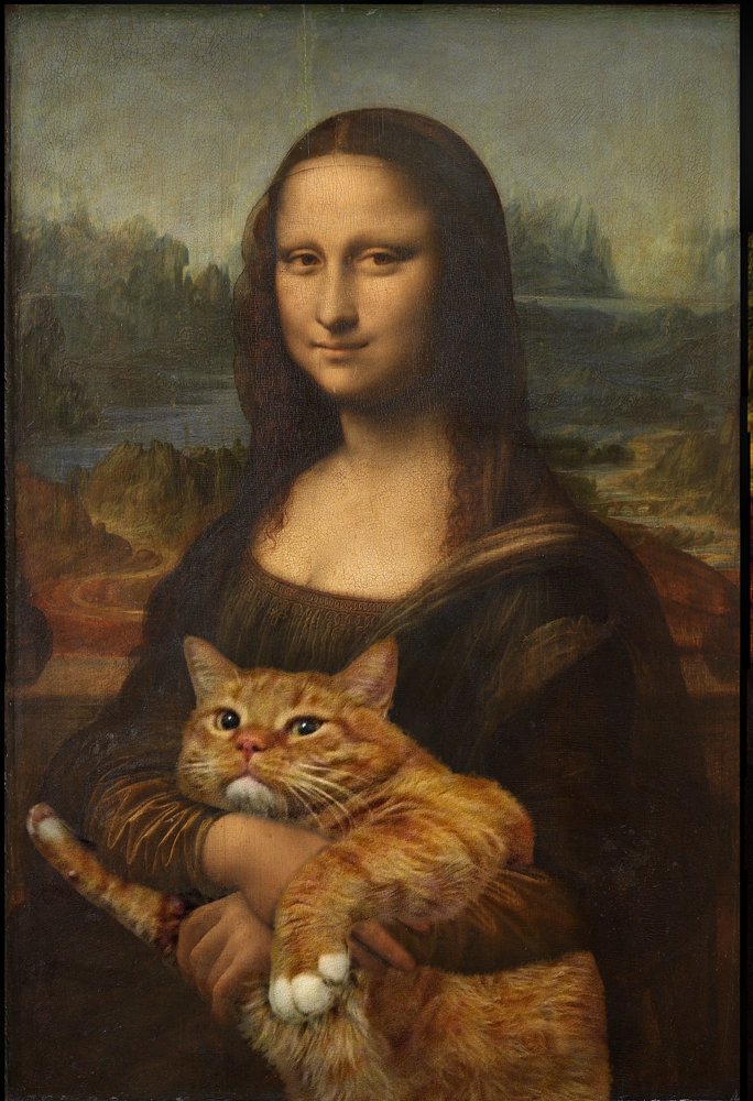 The Mona Lisa with a somewhat large orange cat edited in to it.