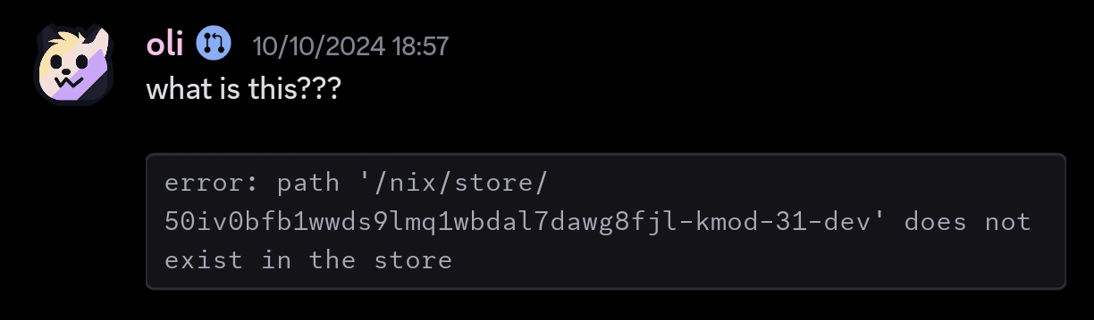 me in discord: what is this???

error because a path to kmod does not exist in the nix store