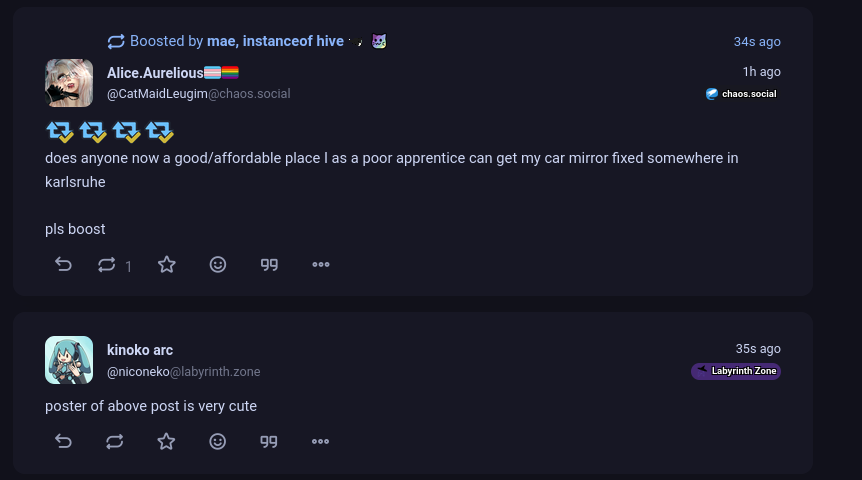 boosted by mae, instance of hive

Alice.Aurelious
CatMaidLeugim at chaos dot social

does anyone know a good or affordable place I as a poor apprentice can get my car mirror fixed somewhere in karlsruhe

please boost