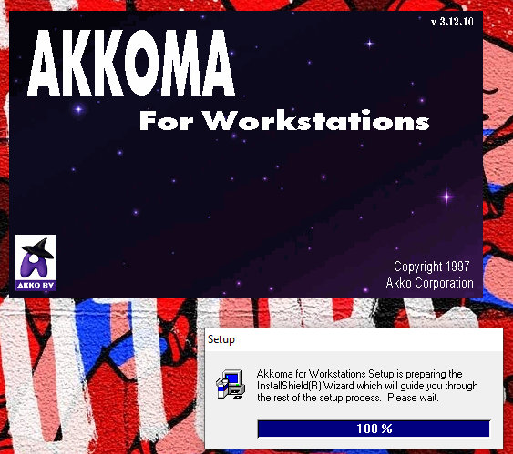 installshield splash screen, showing a purple starry sky with text Akkoma for Workstations v 3.12.10, stylized after old windows software installer. another window says "Akkoma for Workstations Setup is preparing the Installshield Wizard which will guide you through the rest of the setup process. Please wait