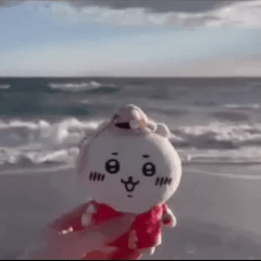 gif of someone holding up a plushie in their hand by the beach only for it to be swooped up out of their hand by a bypassing bird, i found it on a post by tumblr user melonflavored