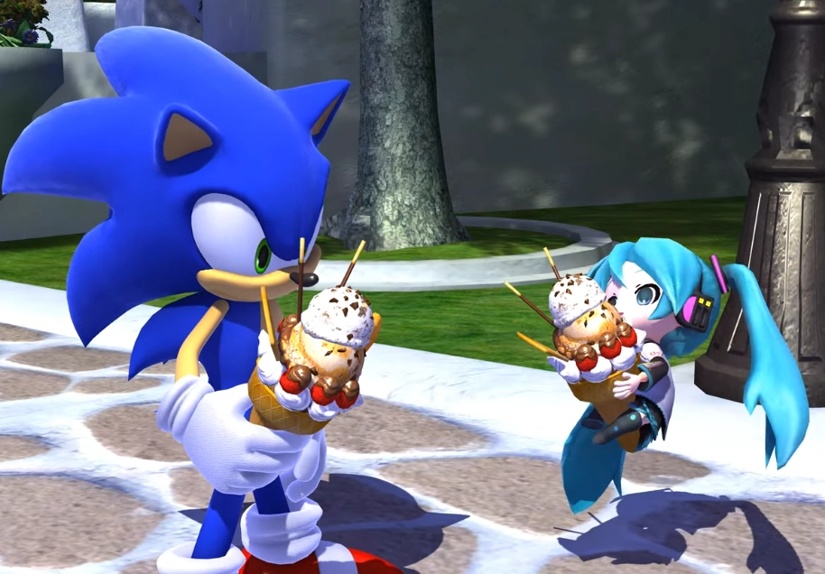 sonic and miku holding ice creams in apotos