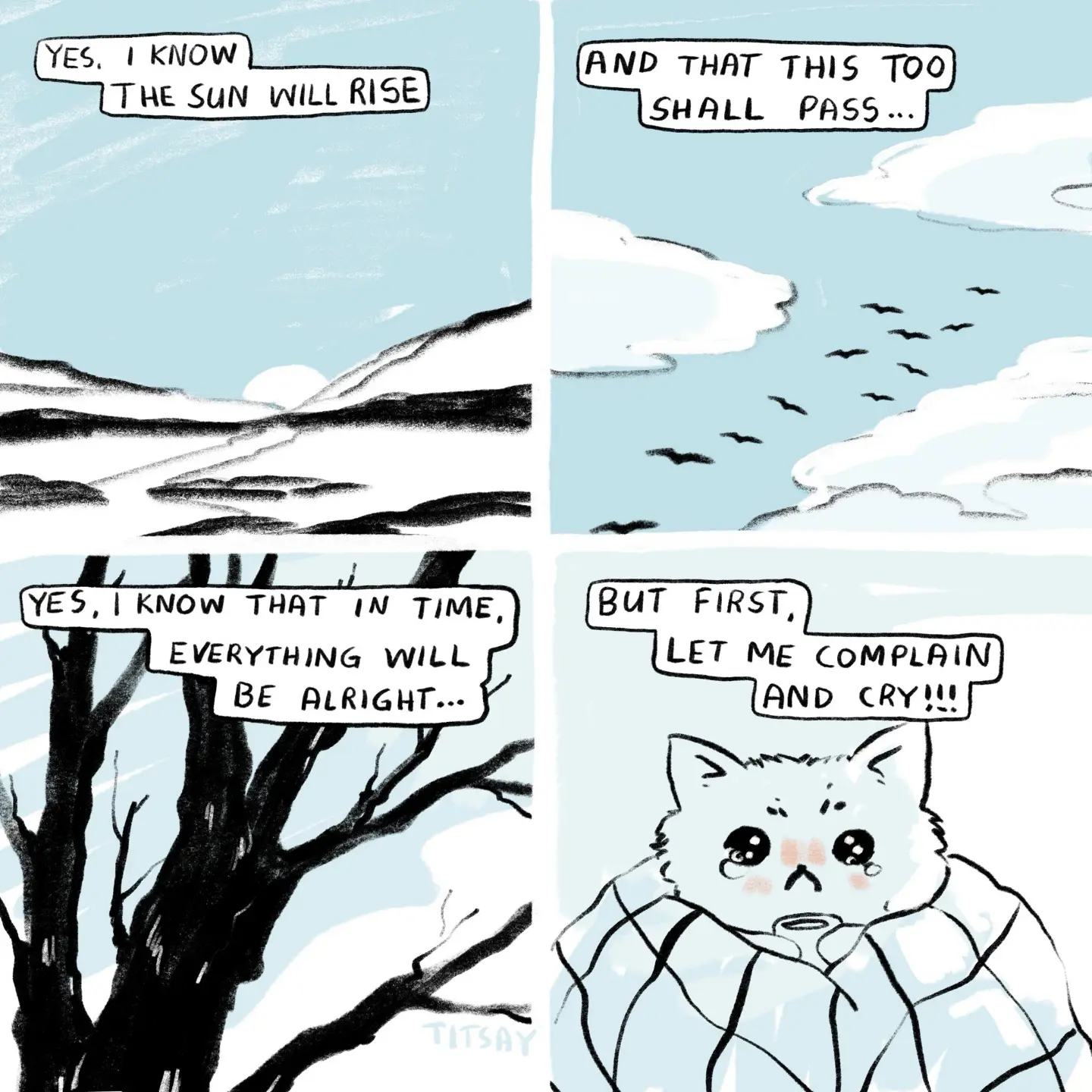 Comic saying "Yes I know the sun will rise // and that this too shall pass // Yes, I know that in time, everything will be alright... // But first, let me complain and cry!!!"