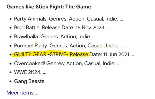 games like stick fight: the game:
- Party Animals.
- Bopl Battle
- Brawlhalla.
- Pummel Party
- GUILTY GEAR -STRIVE
- Overcooked
- WWE 2K24
- Gang Beasts