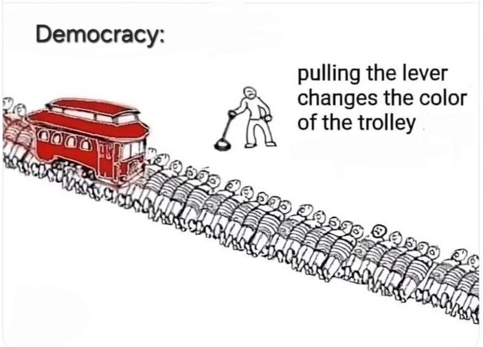 A variant of the trolley problem image, captioned "Democracy:" A red trolley is on a single track with no offshoots, with people tied to the tracks under it. A person is standing next to a lever, with the text "pulling the lever changes the color [sic] of the trolley".
