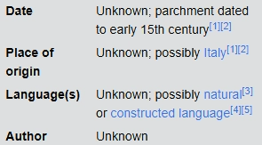 A Wikipedia infobox for a codex that reads:

"Date: Unknown; parchment dated to early 15th century
Place of origin: Unknown; possibly Italy
Language(s): Unknown; possibly natural or constructed language
Author: Unknown"