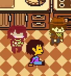 frisk sat on the floor of the kitchen with chara and clover hovering either side

chara has a dark expression, they want chocolate