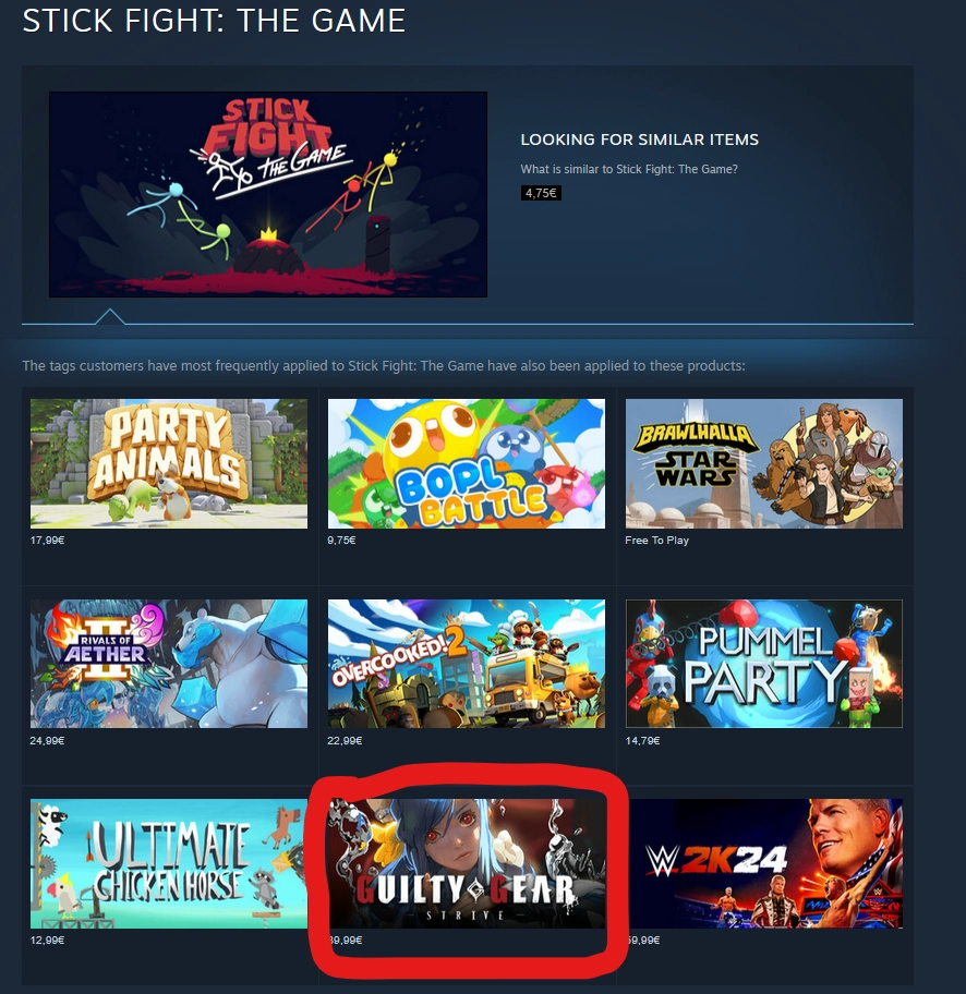 steam page showing guilty gear as similar to stick fight