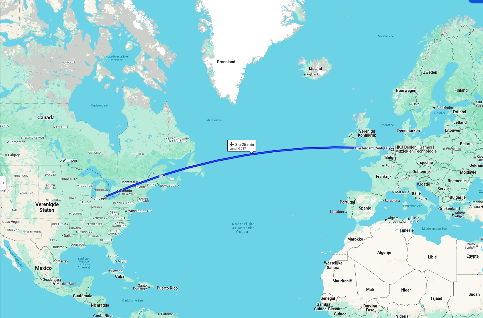 a google maps screenshot that shows the route to the closest recommended little ceasers.

it shows an 8 hour and 25 minute flight from the netherlands to chicago.