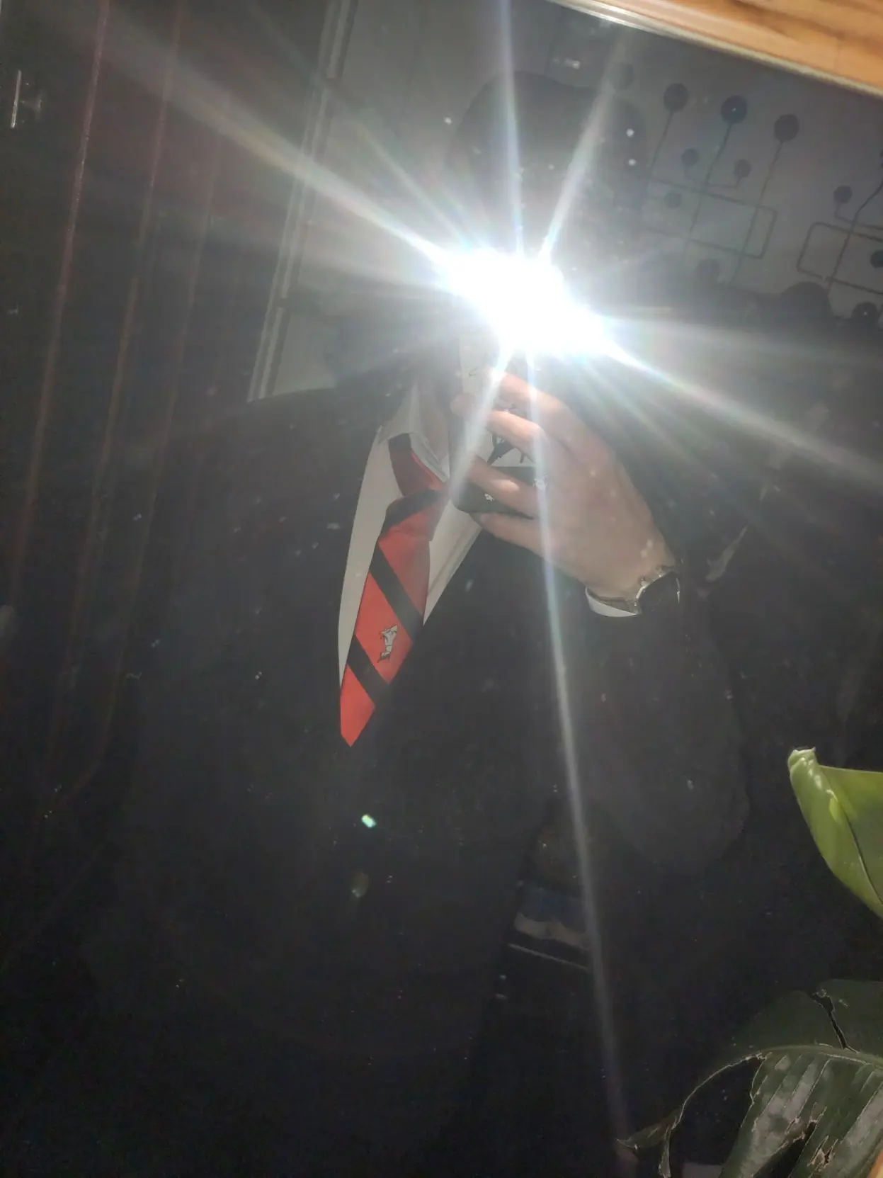 Een spiegel foto van Hertog in pak, het is een zwart pak, een wit blouse en een rode das met dunne zwarte lijnen. Ook staat op de telefoon en de das een afbeelding van Ae Couvée.

Verder is Hertog zijn gezicht niet te zien, de telefoon straalt een verbindend licht uit en verstopt dus zijn gezicht.