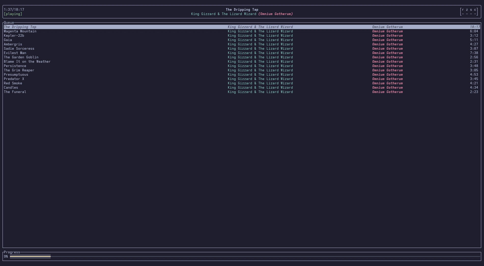 playing omnium gatherum with inori, which is a terminal mpd client