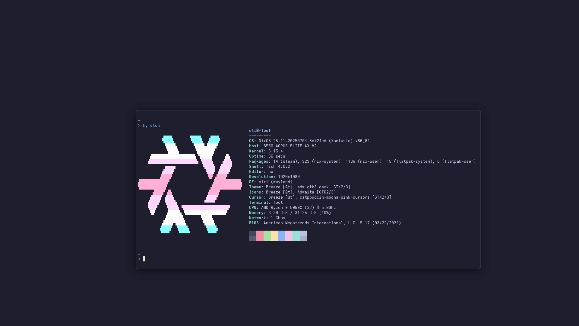 screenshot from my desktop

floating foot window with hyfetch

my host is now B550 AORUS ELITE AX V2

i now have 32GB of RAM

and my processor is a ryzen 9 5950x