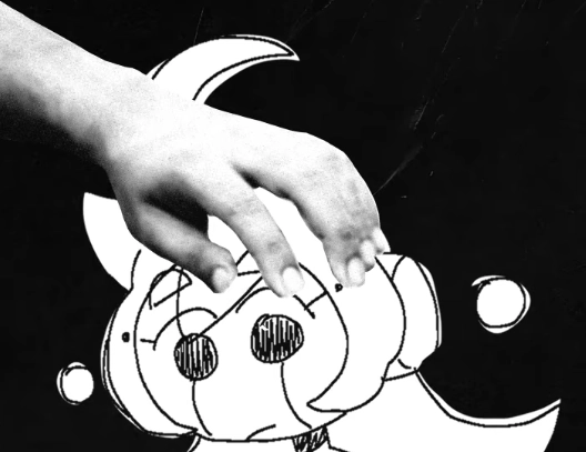 a greyscale image of a human hand patting the head of a drawn robot girl

screenshot taken from the new flavor foley song "human"