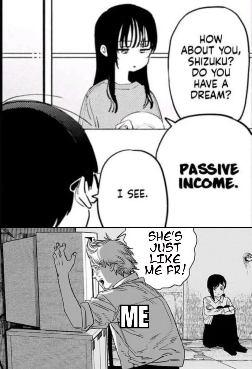 Manga comic with a character expressing a desire for passive income. Another panel shows a person relating personally, thinking "She's just like me fr!" while crouching with excitement.