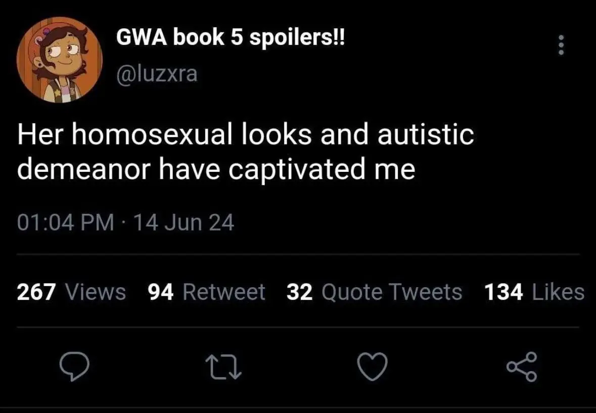 A tweet saying: "Her homosexual looks and autistic demeanour have captivated me"