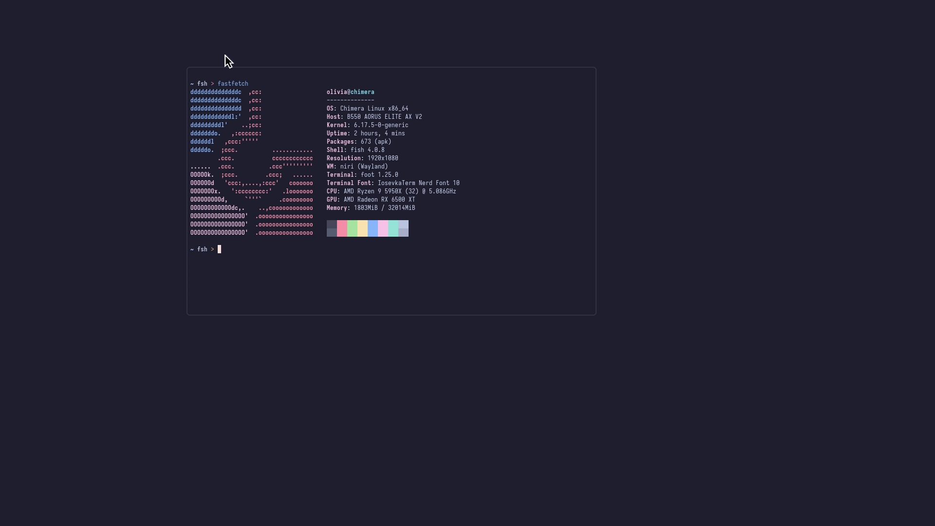 fastfetch output

i'm on chimera linux