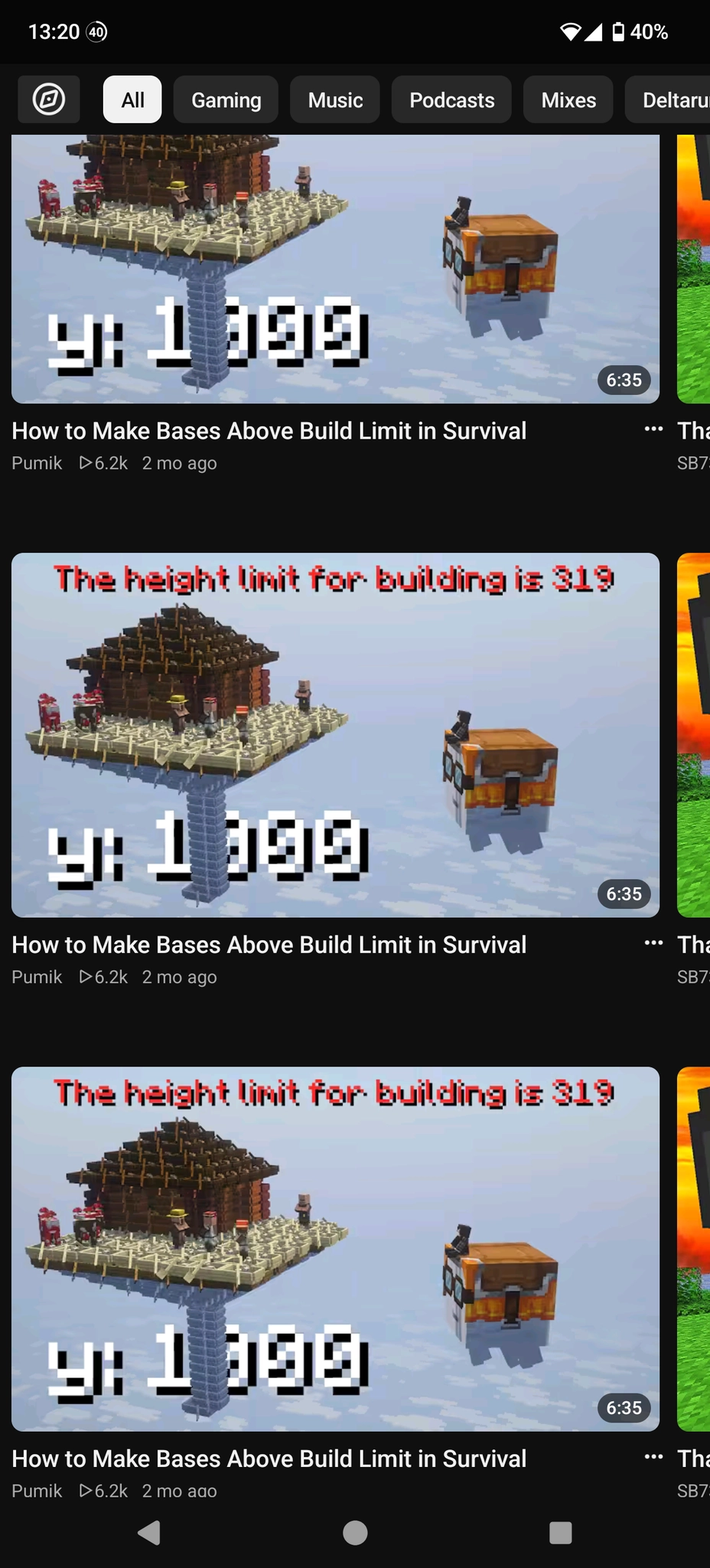 some section in the youtube app with three rows of the same videos