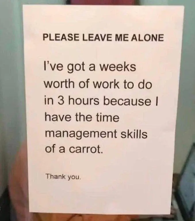 A note saying:
"PLEASE LEAVE ME ALONE
I've got a weeks worth of work to do in 3 hours because I have the time management skills of a carrot.

Thank you."