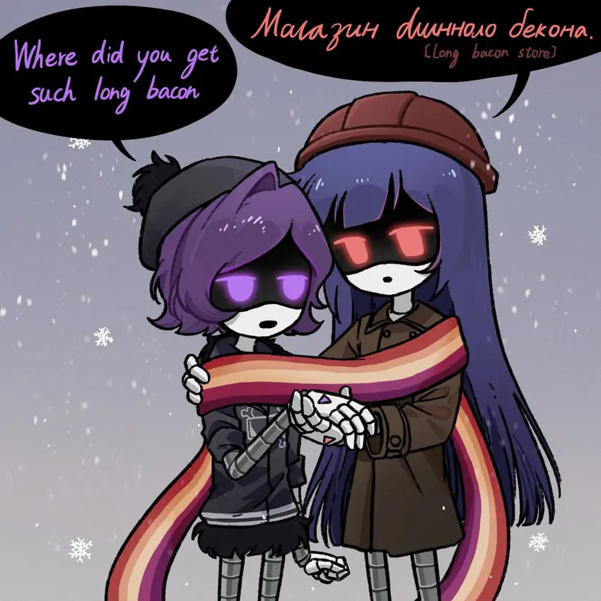 uzi and doll from murder drones
they are hugging with a long lesbian pride flag wrapped around them

uzi asks: What did you get such long bacon
doll says in russian: long bacon store