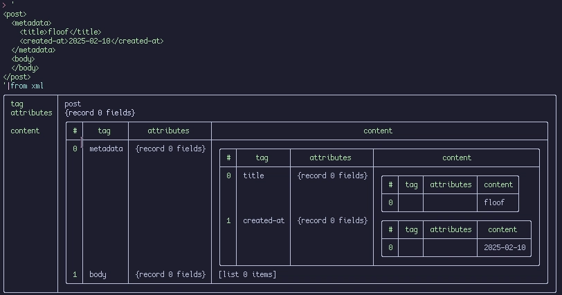 post template in xml and i'm converting it to nu object notation to see the structure