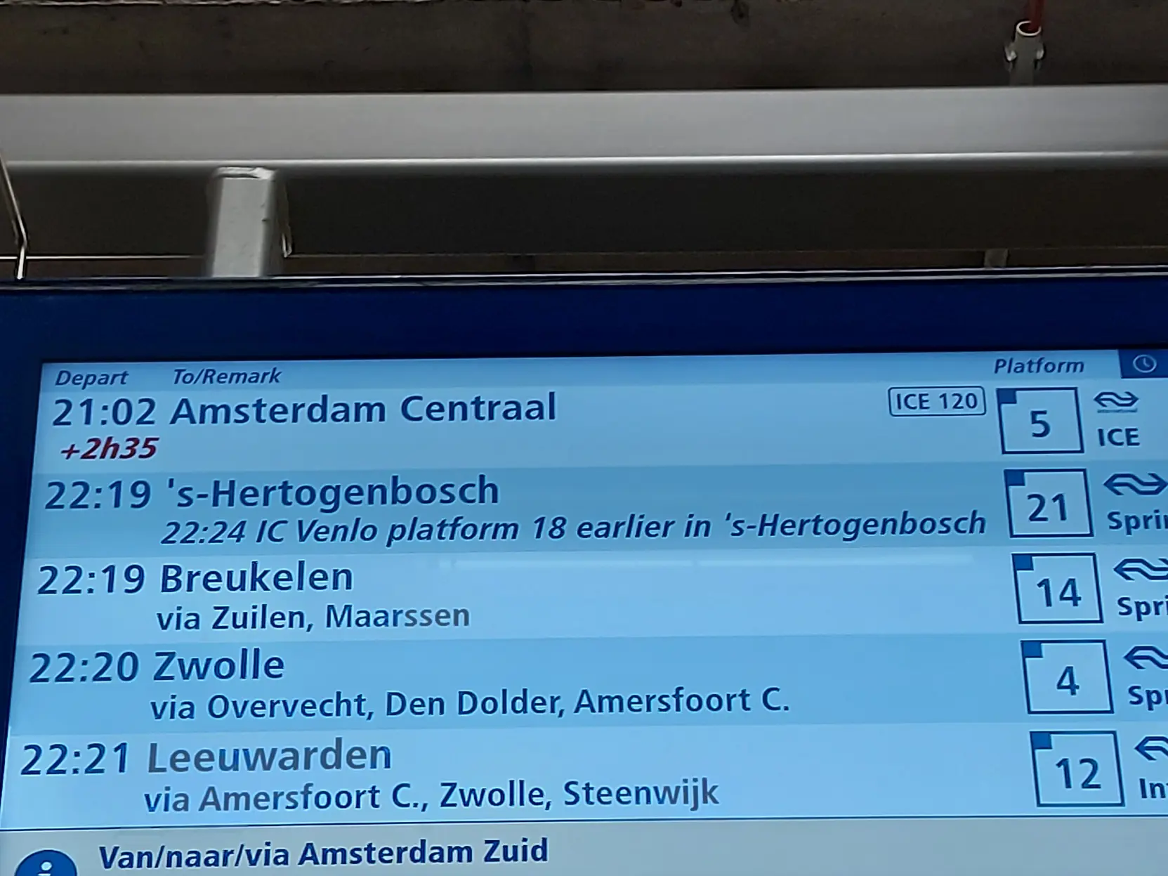 The Dutch train schedule screen showing that the DB is 2 hours and 35 minutes late, which is very in line with the DB
