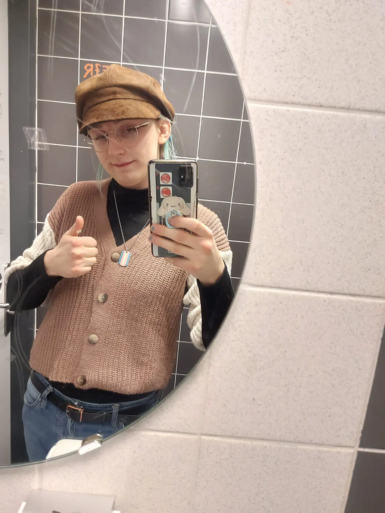 Me looking like a newsie or a train conductor