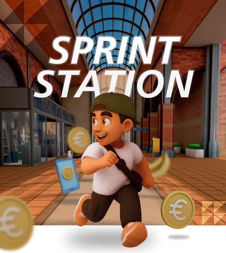an promotional image of the new video game Sprint Station, with a young masculine individual  running through a train station