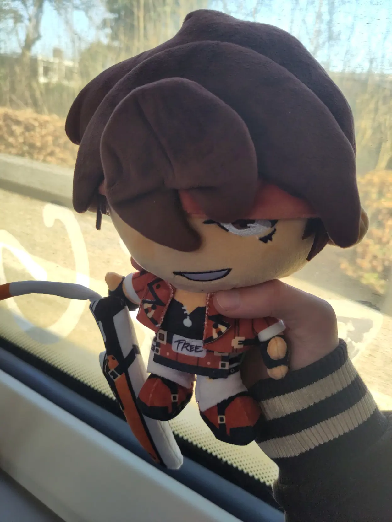 Me holding a Sol Badguy plushy in front of an NS sprinter window.