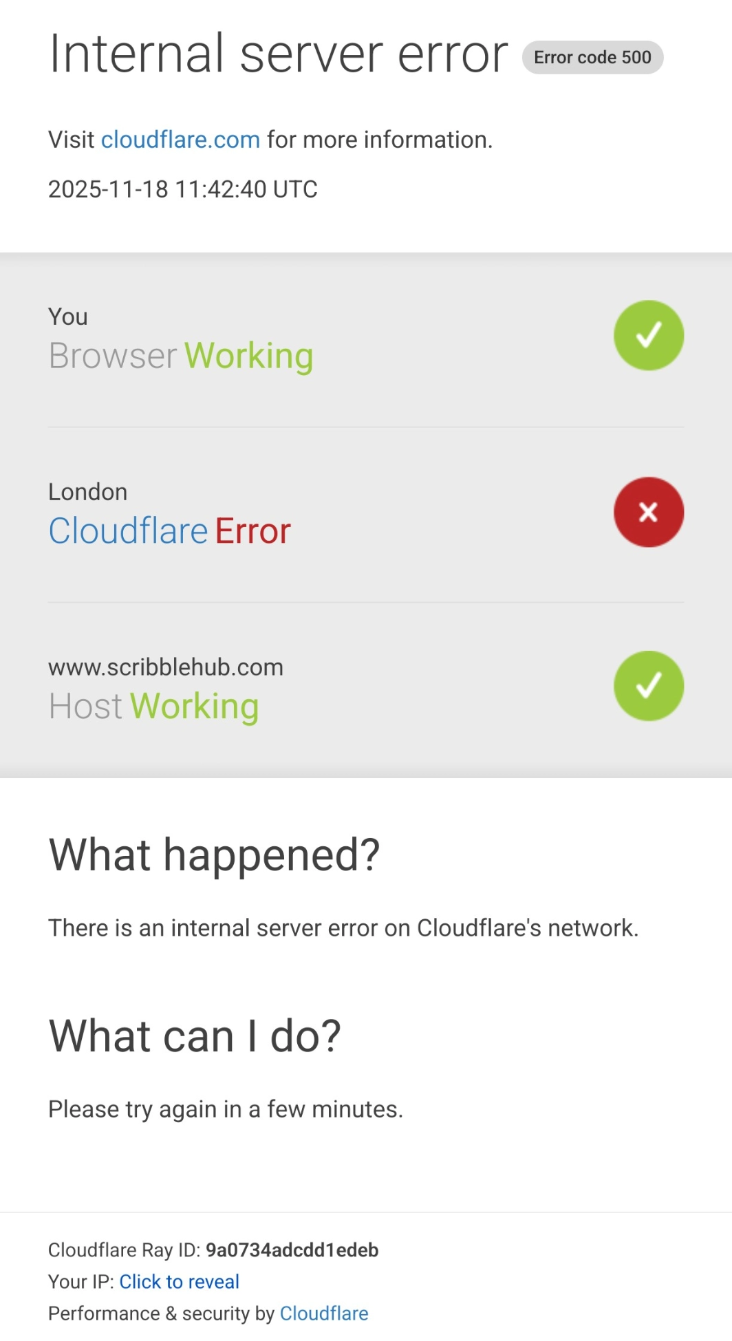 London cloudflare is returning error code 500 when trying to access scribblehub