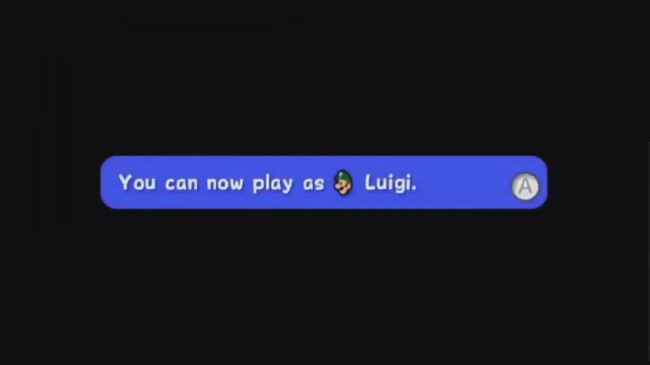 screenshot of Mario Galaxy that reads: "You can now play as Luigi" with a luigi head in front of the word luigi, followed by an A-press prompt