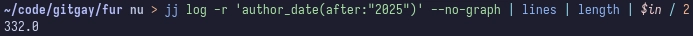 jujutsu log with a revset of all commits authored in 2025, passed into a line counter, which the result of is divided by 2

i've made 332 commits in my nixos config so far this year