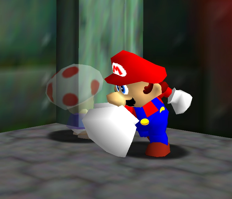 screenshot of super mario 64 where mario is punching a half-visible toad