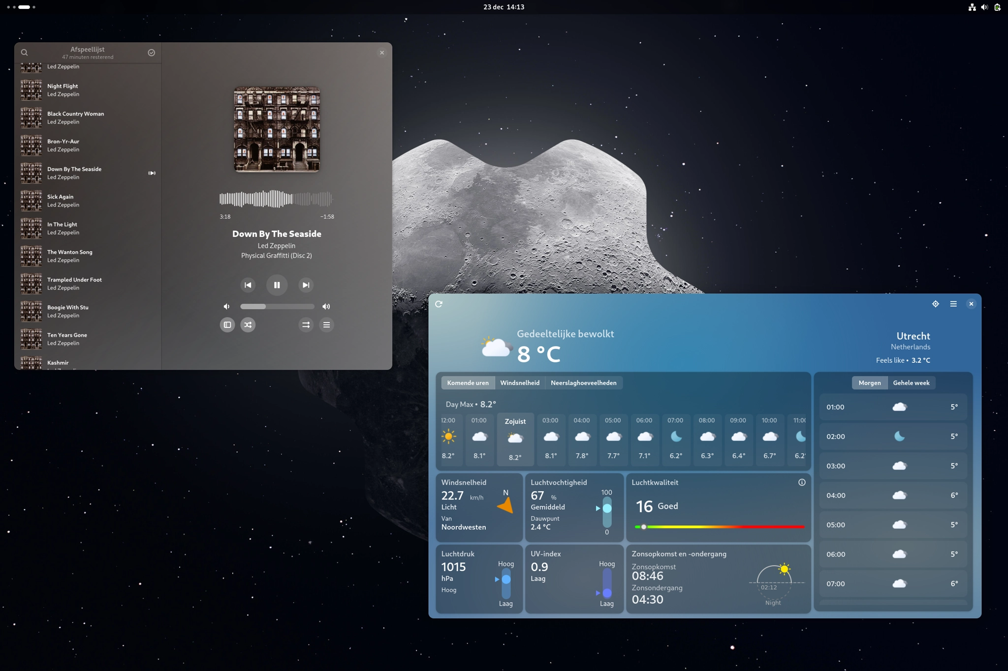A screenshot from the gnome desktop environment.

The background is a picture of the moon edited to be in the shape of the framework logo.

On the foreground there are two programs open: Amberol the music player playing Down By The Seaside by Led Zepplin and Mousam the weather app showing the local Utrecht weather.