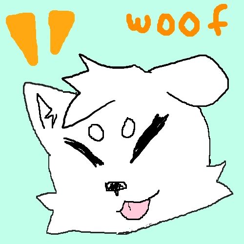 drawn dog head sticking tongue out with text saying "woof"