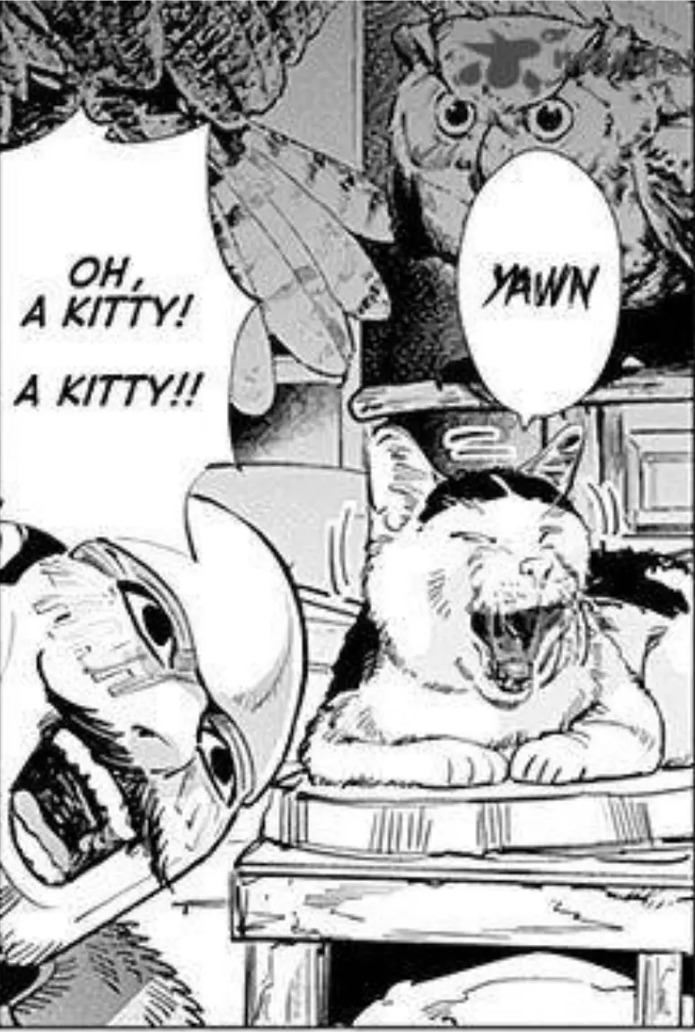 Panel from the manga Golden Kamuy showing a cat yawning and a man (Tsurumi) excitedly pointingly to it, shouting "OH, A KITTY! A KITTY!!"
