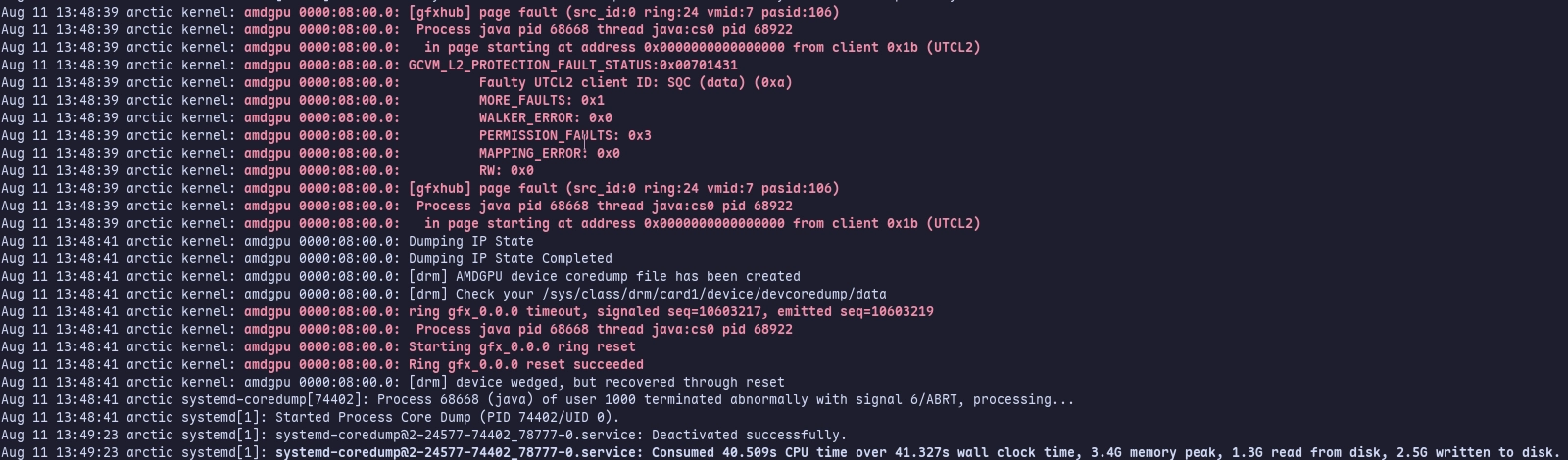journalctl logs of the amdgpu error