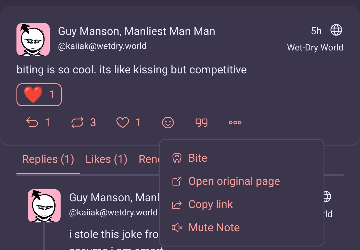 screenshot of iceshrimp's frontend

the context menu for the above post is open, the first option is bite