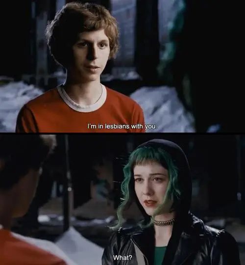 Two screenshots of Scott Pilgrim vs. The World showing Scott saying "I'm in lesbians with you" and Ramona responding "What?"