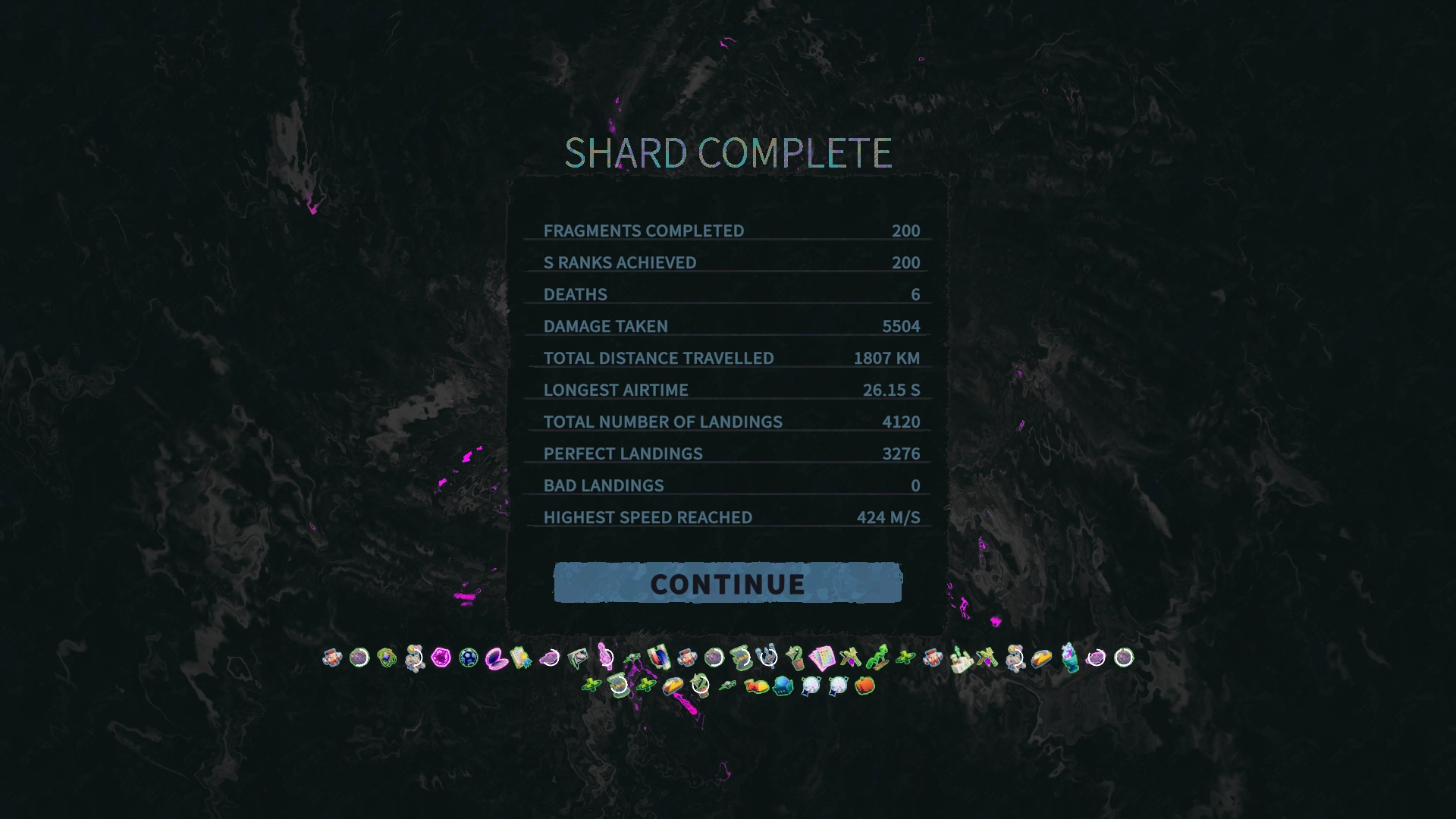 an infinite shard run in haste
200 fragments
200 s ranks
6 deaths
5504 damage taken
1807km total distance travelled
26.15 seconds longest airtime
4120 total landings
3276 perfect landings
0 bad landings
424 meters per second highest speed reached