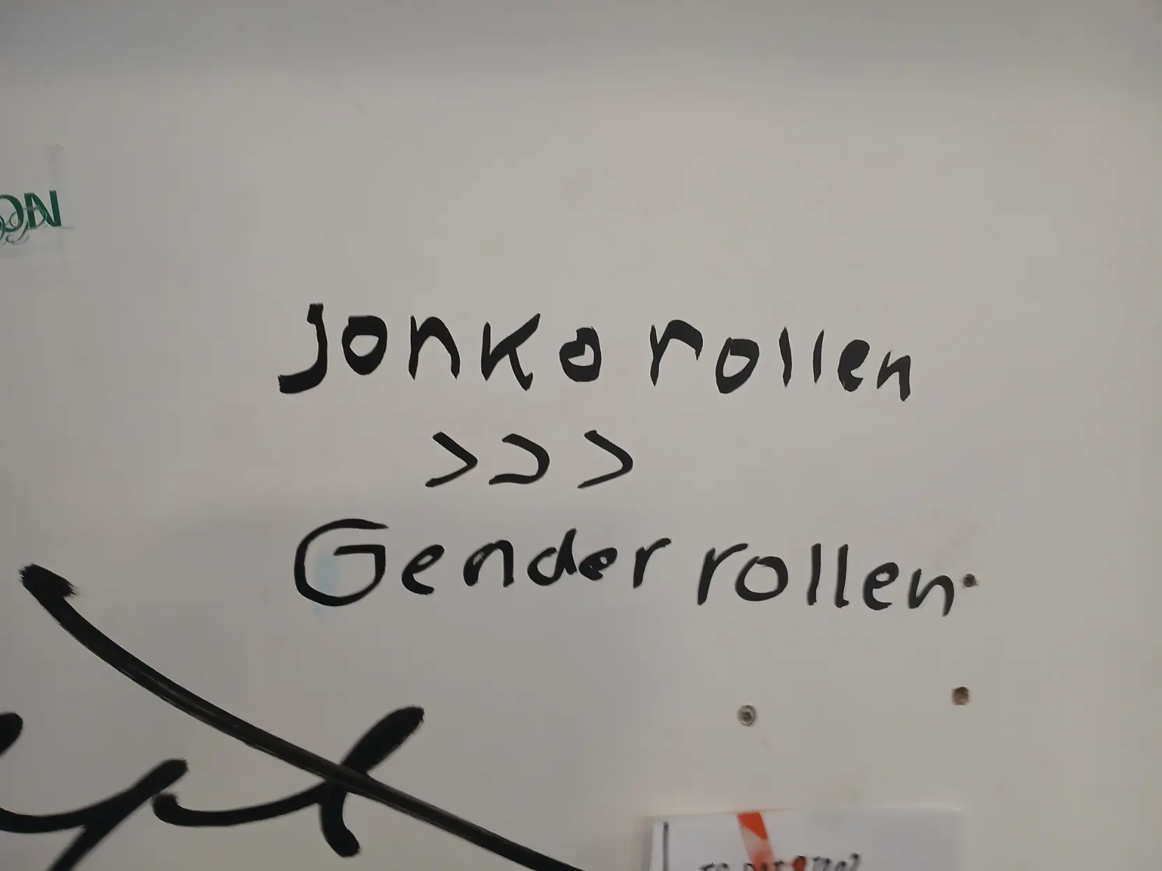 (Dutch: foto van een muur waarop geschreven staat "jonko rollen >>> gender rollen")
(English translation: rolling a blunt >>> gender roles)