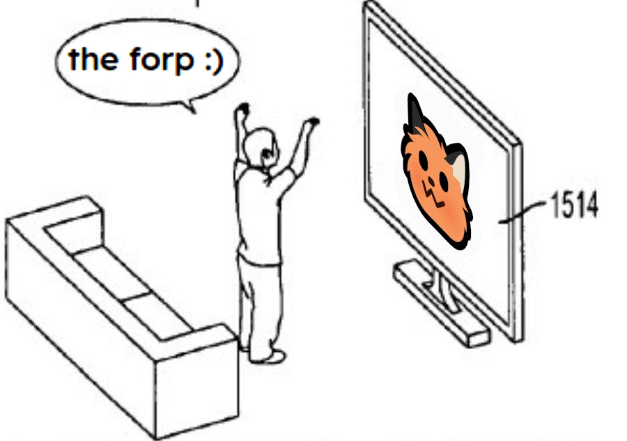 person standing in front of a large screen with their arms in the air

there is a sofa behind them

a speech bubble containing "the forp" and an analogue smiley face is coming from the person

the screen has a neofox floof and is labeled 1514