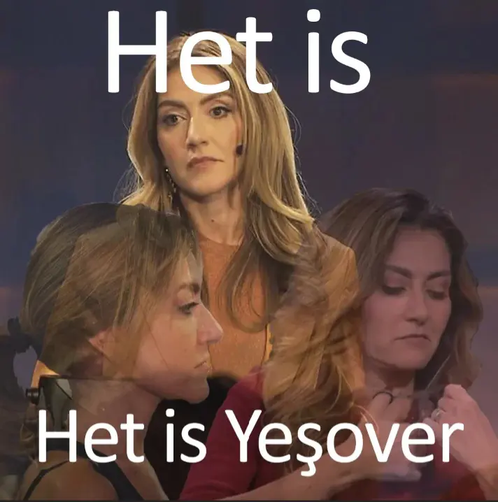 Three pictures of Yeşilgüz with her looking sad with the top text: "Het is" and the bottom text: "Het is Yeşover"