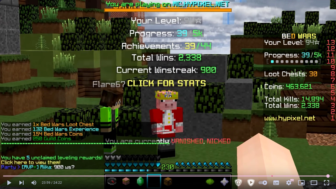 technoblade with a 900 winstreak in hypixel bedwars