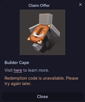 builder cape redemption code is unavailable